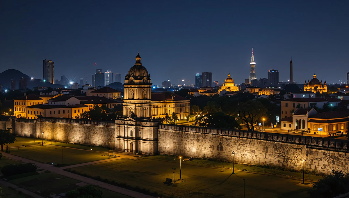 ntramuros Walled City at night, featuring a dome-topped colonial-era building behind illuminated stone walls, juxtaposed against a modern cityscape skyline in the distance. The contrast highlights why is Manila worth visiting.