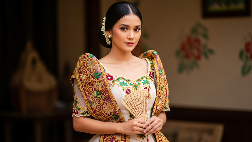 A woman dressed in ornate Filipino traditional clothing, wearing a Baro’t Saya embroidered dress and holding a delicate hand-fan, standing gracefully against a neutral background.