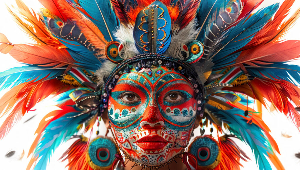 Striking close-up of a person wearing vibrant, elaborate face paint and a massive headdress of orange and blue feathers, typical of a Dinagyang Festival costume.