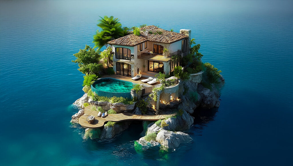 A luxurious private villa with a tiled roof, multiple balconies, and a circular infinity pool is perched dramatically on a small, rocky island surrounded by turquoise water, representing an exclusive option among all inclusive resorts Philippines.