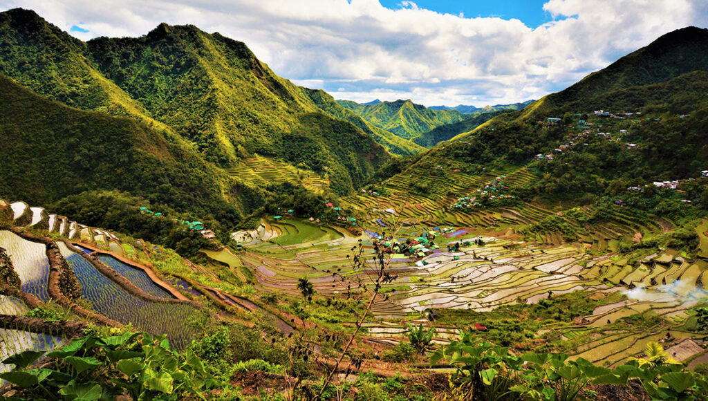 Panoramic view of the vibrant green Cordillera Rice Terraces (likely Banaue or Batad), carved into the mountainsides, showcasing the ancient agricultural marvel and breathtaking natural scenery that is what is Philippines famous for.