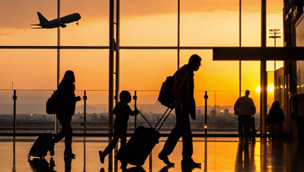 Silhouette of a family pulling luggage through an airport terminal at sunset, representing travellers beginning their journey after securing the cheapest flight to the Philippines.