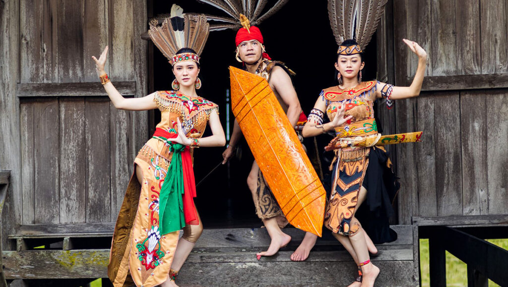 Filipino traditional dance known as Singkil, depicting a graceful female dancer in regal attire performing intricate steps between crossing bamboo poles, inspired by royal folklore and accompanied by elegant, ceremonial movements.