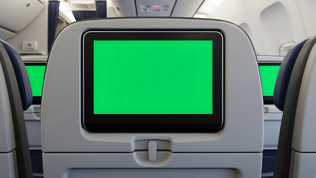 In‑flight entertainment screen on long‑haul flight, showing passenger enjoying media on board with the best airline to fly to Philippines from UK.