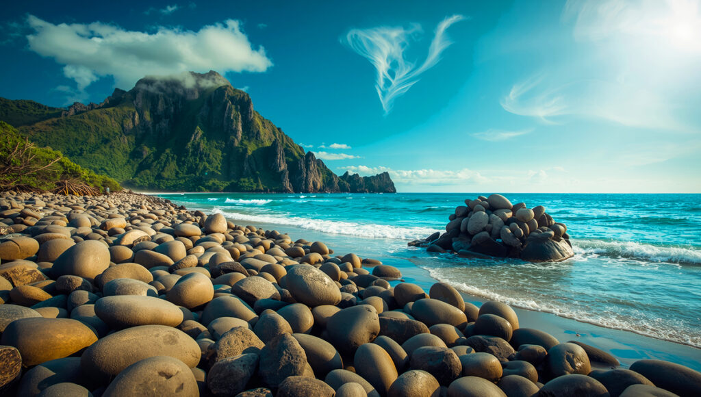 This unique Batanes tourist attraction captures Valugan Boulder Beach, where thousands of rounded volcanic rocks cover the shoreline. The scene looks raw and powerful, with strong waves crashing against the boulders while the dark stones create a rugged texture across the coast, reflecting the wild and untouched spirit of Batanes.