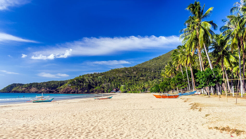 Traditional boats resting on the powdery white sand of a sun-drenched shore, a classic scene from Palawan beaches.