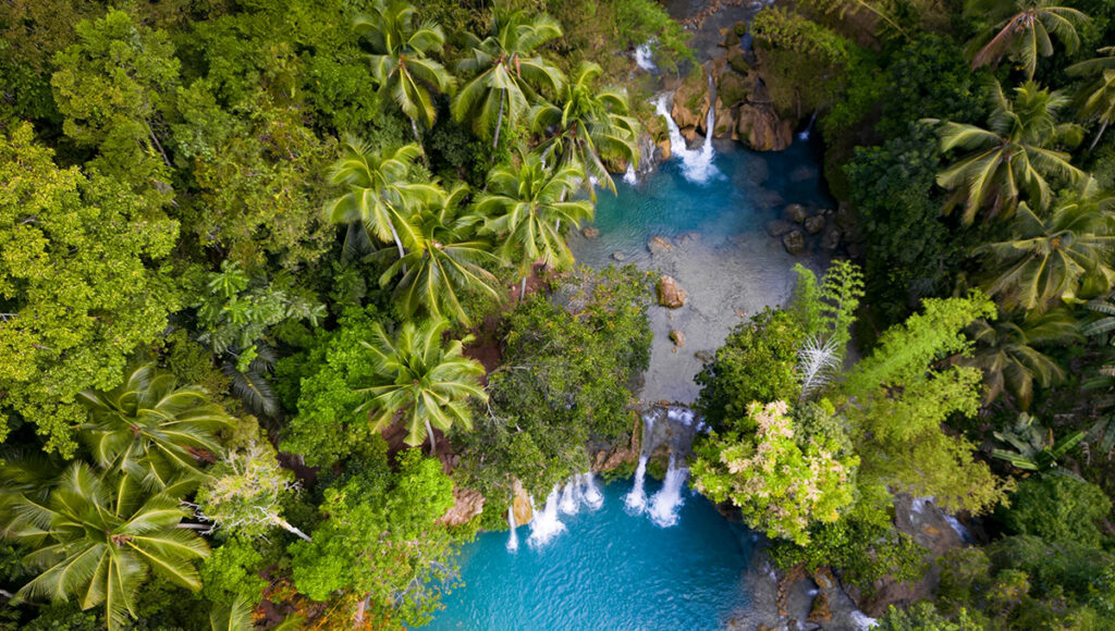 Tropical aerial view of Cambugahay Falls, a top pick for things to do in Siquijor with its multi-tiered cascades and palm tree canopy.