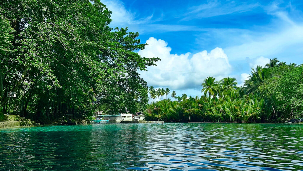 A serene view of Bogac Cold Spring, one of the top natural places to visit in Surigao. The image shows crystal-clear turquoise water surrounded by lush green tropical trees and coconut palms under a bright blue sky with wispy white clouds.