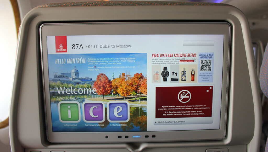 Emirates inflight entertainment system (ice) on an Airbus A380, a key feature often discussed in the Qatar Airways vs Emirates passenger experience debate.