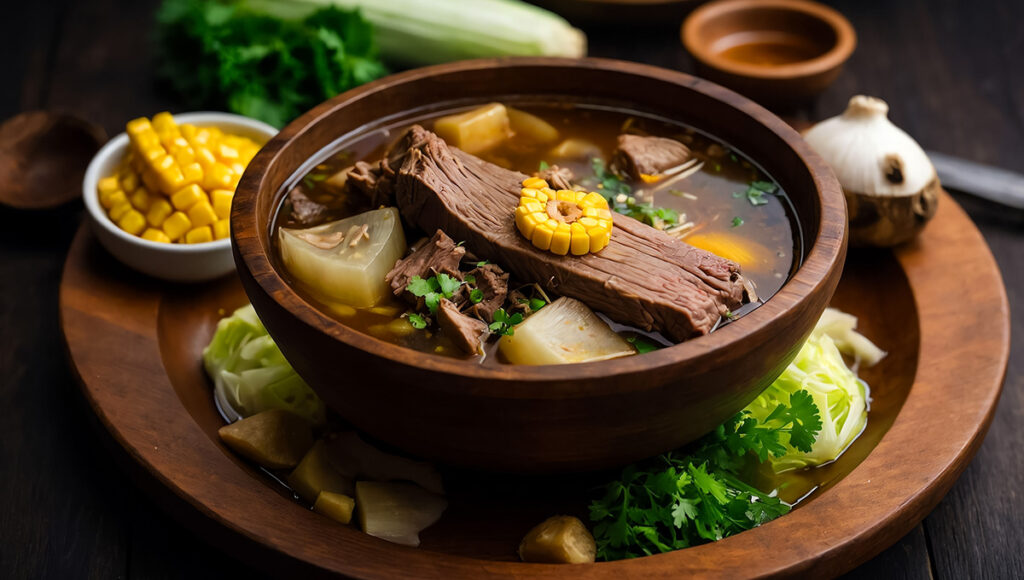 A steaming wooden bowl of Bulalo beef shank soup with corn and vegetables, a must-try dining experience and one of the top things to do in Tagaytay.