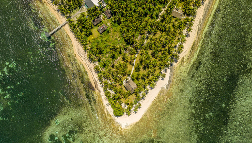 An aerial drone view of a lush tropical resort in Siargao, showcasing one of the many relaxing things to do in Siargao. The image features a pointed sandy beach peninsula densely packed with coconut palm trees and small villas, surrounded by clear turquoise waters and a long wooden pier.