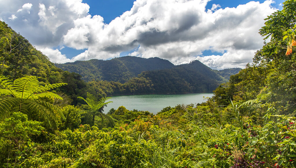 A serene view of a crater lake surrounded by forested mountains, depicting the peaceful things to do in Dumaguete at Twin Lakes.