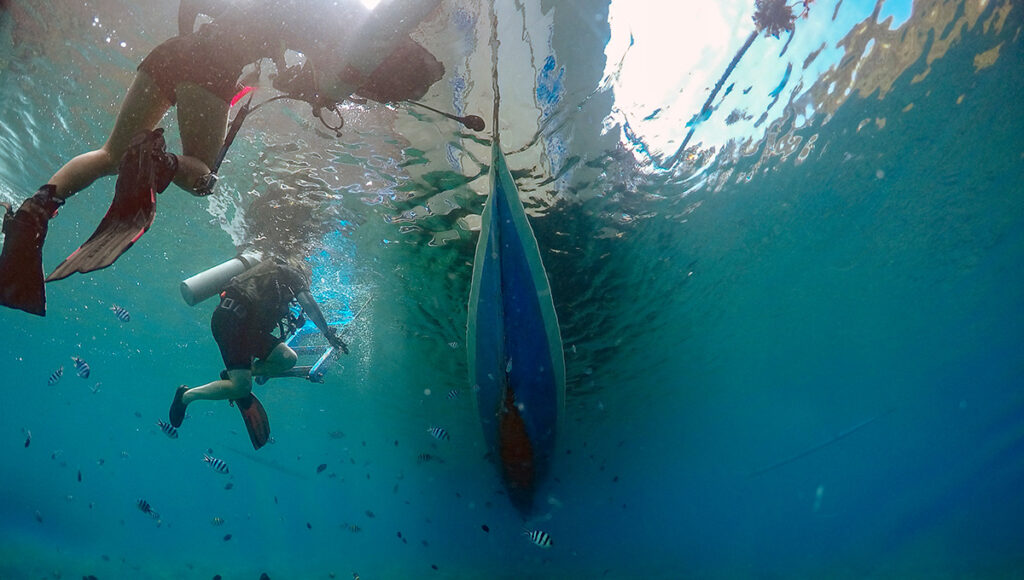 Scuba divers and tropical fish near a boat hull, representing the world-class underwater things to do in Palawan.