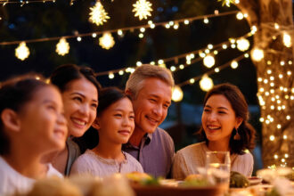A happy, multi-generational Filipino family is smiling together while enjoying an outdoor dinner under warm string lights, capturing the spirit of Filipino Christmas traditions.