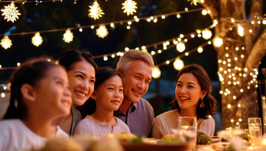A happy, multi-generational Filipino family is smiling together while enjoying an outdoor dinner under warm string lights, capturing the spirit of Filipino Christmas traditions.