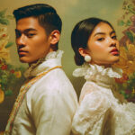 A Filipino man and woman stand back-to-back dressed in elegant Filipino traditional clothing, the man wearing a sheer embroidered Barong Tagalog, and the woman wearing a graceful Maria Clara gown, against a backdrop suggestive of a cultural celebration.