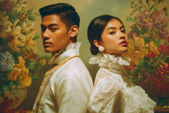 A Filipino man and woman stand back-to-back dressed in elegant Filipino traditional clothing, the man wearing a sheer embroidered Barong Tagalog, and the woman wearing a graceful Maria Clara gown, against a backdrop suggestive of a cultural celebration.