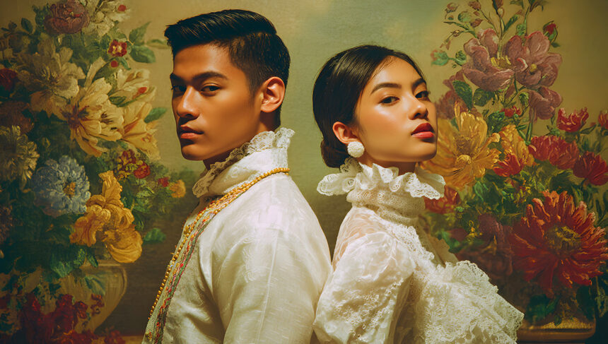 A Filipino man and woman stand back-to-back dressed in elegant Filipino traditional clothing, the man wearing a sheer embroidered Barong Tagalog, and the woman wearing a graceful Maria Clara gown, against a backdrop suggestive of a cultural celebration.
