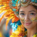 Close-up of a young woman with elaborate makeup and a colorful feathered headdress, possibly a performer at the Dinagyang Festival.