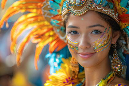 Close-up of a young woman with elaborate makeup and a colorful feathered headdress, possibly a performer at the Dinagyang Festival.