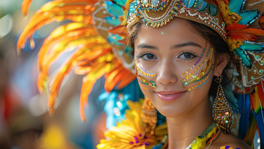 Close-up of a young woman with elaborate makeup and a colorful feathered headdress, possibly a performer at the Dinagyang Festival.