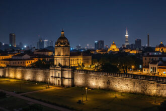 ntramuros Walled City at night, featuring a dome-topped colonial-era building behind illuminated stone walls, juxtaposed against a modern cityscape skyline in the distance. The contrast highlights why is Manila worth visiting.