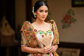 A woman dressed in ornate Filipino traditional clothing, wearing a Baro’t Saya embroidered dress and holding a delicate hand-fan, standing gracefully against a neutral background.
