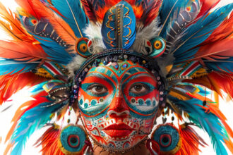 Striking close-up of a person wearing vibrant, elaborate face paint and a massive headdress of orange and blue feathers, typical of a Dinagyang Festival costume.