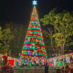 A magnificent, brightly lit Christmas tree adorned with colourful lights and a shining star, illuminating a public square at night in the Philippines. This festive scene is a perfect visual for illustrating fun facts about the Philippines' incredibly long and joyous Christmas season, which famously begins in September.