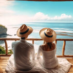 A couple wearing straw hats sits on a balcony with white flowing curtains, overlooking a dramatic ocean view and coastal cliffs, enjoying a moment of romance at one of the desirable all inclusive resorts Philippines.