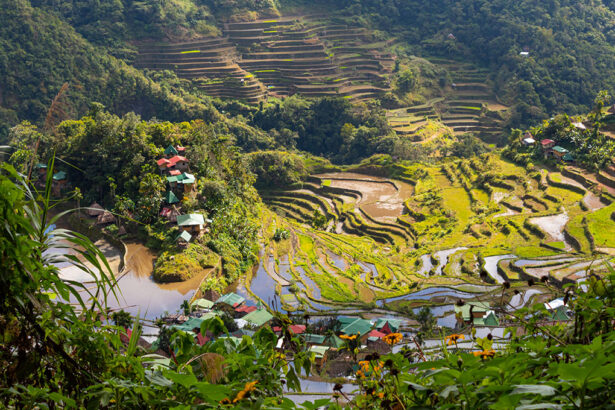 Terraced rice paddies and small villages nestled in the lush green mountains of the Philippines, showcasing what is Philippines famous for: its stunning agricultural landscapes and natural beauty.