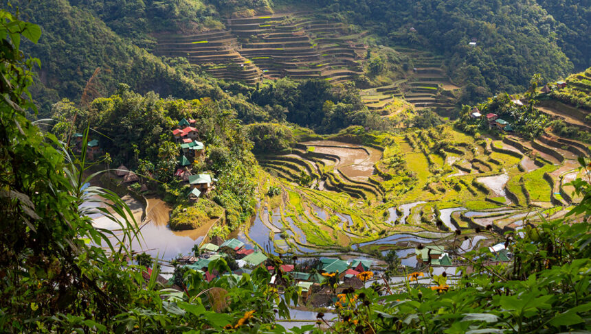 Terraced rice paddies and small villages nestled in the lush green mountains of the Philippines, showcasing what is Philippines famous for: its stunning agricultural landscapes and natural beauty.