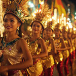 A group of Sinulog festival dancers in shimmering gold costumes and elaborate feathered headdresses parading down a street at night.