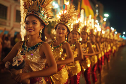A group of Sinulog festival dancers in shimmering gold costumes and elaborate feathered headdresses parading down a street at night.