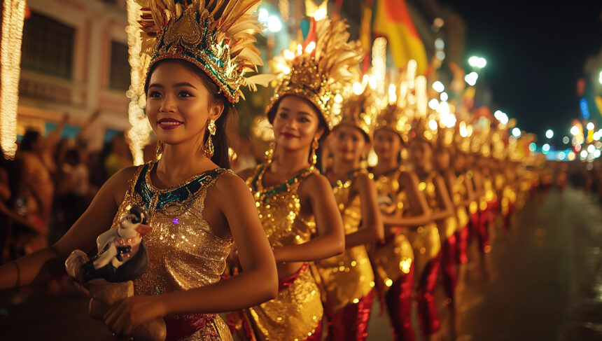 A group of Sinulog festival dancers in shimmering gold costumes and elaborate feathered headdresses parading down a street at night.