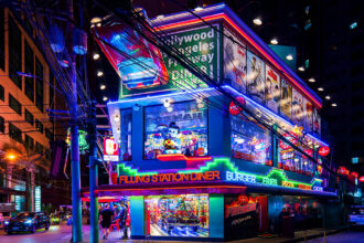 Filling Station American Diner illuminated at night on Burgos Street in Makati, Metro Manila, Philippines-best nightlife in philippines