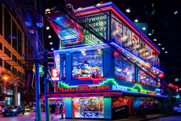 Filling Station American Diner illuminated at night on Burgos Street in Makati, Metro Manila, Philippines-best nightlife in philippines