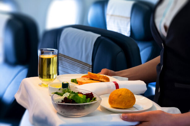 Flight attendant serving a delicious meal onboard, showcasing Philippine Airlines food.