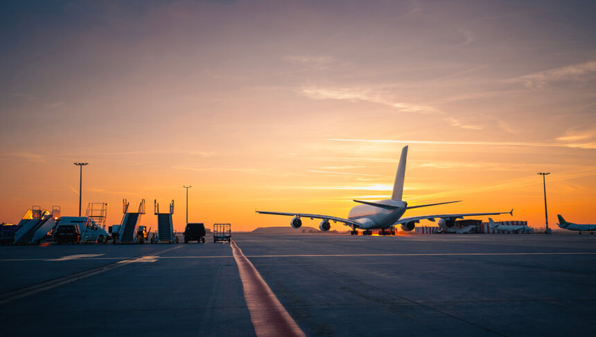Wide shot of an airport runway glowing under a golden sunset, capturing the mood of travellers searching for the cheapest flight to the Philippines as planes move across the tarmac.