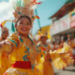 Filipino traditional dance at the Sinulog Festival, featuring a colorful street parade with performers in bright, ornate costumes dancing energetically to rhythmic drums in a lively cultural celebration.