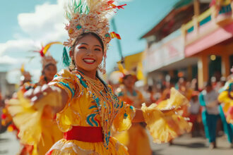 Filipino traditional dance at the Sinulog Festival, featuring a colorful street parade with performers in bright, ornate costumes dancing energetically to rhythmic drums in a lively cultural celebration.
