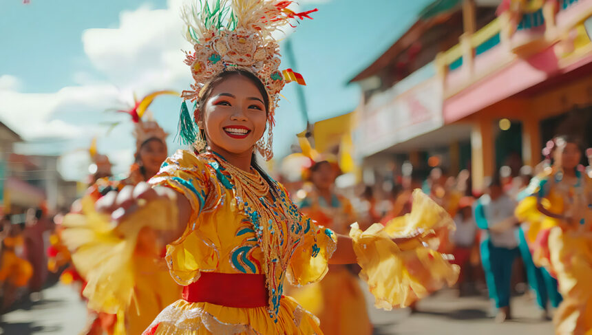Filipino traditional dance at the Sinulog Festival, featuring a colorful street parade with performers in bright, ornate costumes dancing energetically to rhythmic drums in a lively cultural celebration.