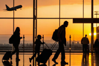 Silhouette of a family pulling luggage through an airport terminal at sunset, representing travellers beginning their journey after securing the cheapest flight to the Philippines.