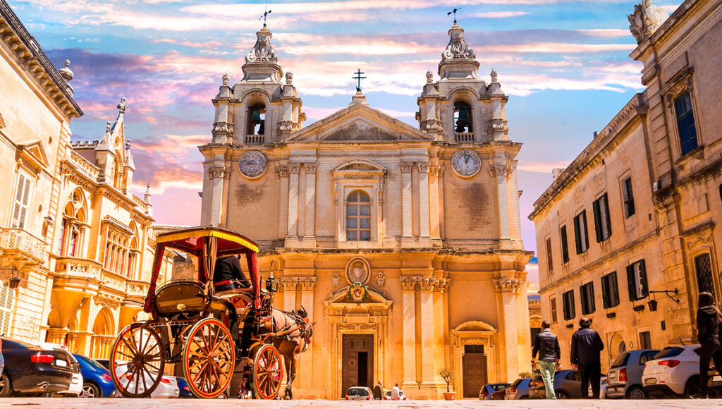 Metropolitan Roman Catholic Cathedral of Saint Paul in main town square of Mdina village in Malta, Europe