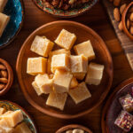 Colorful Filipino desserts with yema and nuts on a rustic table.