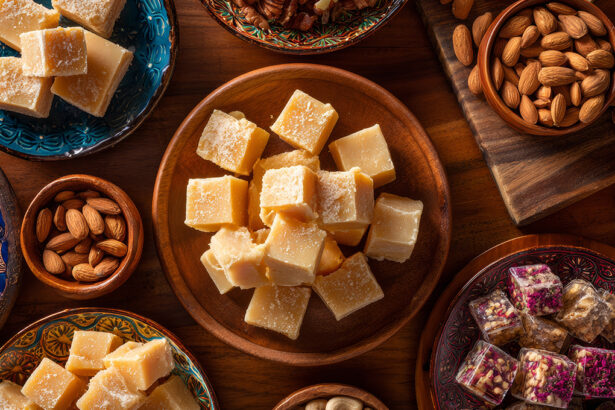 Colorful Filipino desserts with yema and nuts on a rustic table.