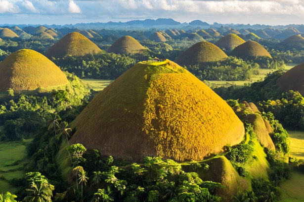 An aerial view of the Chocolate Hills Bohol in the Philippines, showing numerous symmetrical, cone-shaped limestone hills covered in brown and green vegetation under a bright, partly cloudy sky. The foreground features a large, prominent hill with a viewing deck on top, surrounded by lush tropical trees and palm forests.