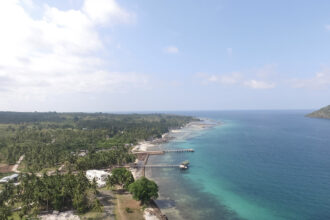An aerial, high-angle view of the Jolo Island coastline, featuring a dense canopy of tropical coconut palms meeting a white sand beach and turquoise ocean waves under a cloudy sky.
