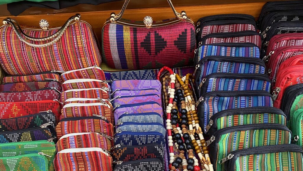 Handwoven Yakan souvenir bags and clutches for sale in Zamboanga, where artisan markets are must-visit places to visit in Zamboanga for unique shopping finds