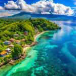 High-angle coastal view of a tropical island with turquoise waters and lush mountains, a top choice for scenic things to do in Dumaguete.